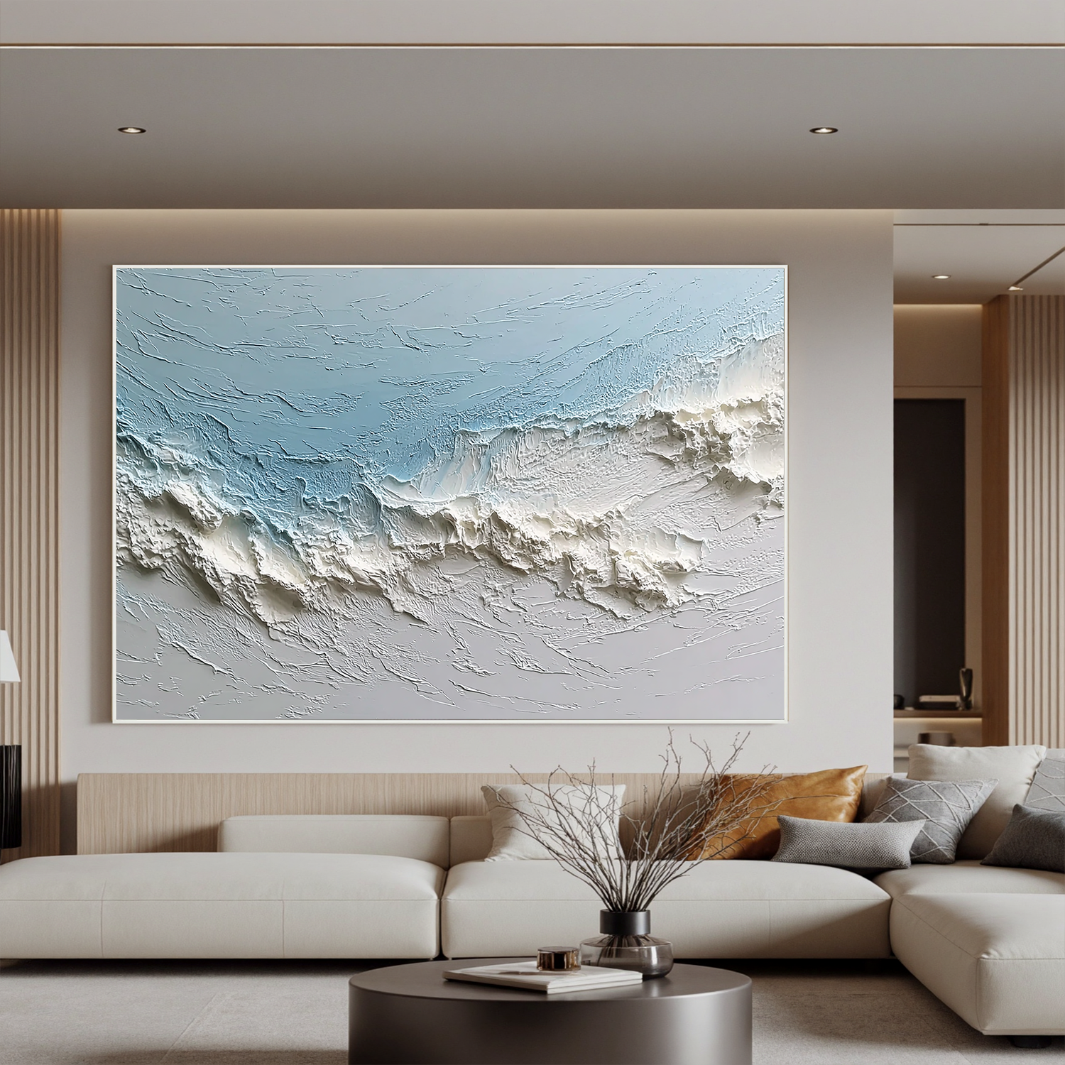 Textured Coastal Wave Wall Art – Minimalist Blue Ocean Canvas Painting for Modern Beach House Decor #OA 0438
