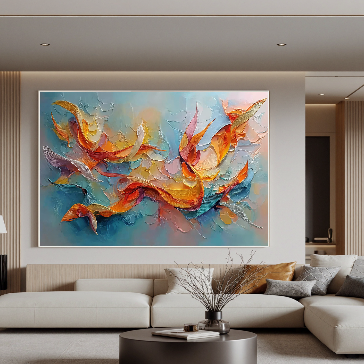 Abstract Fluid Oil Painting Canvas – Modern Orange Blue Wall Art for Living Room Contemporary Home Decor #OA 0472