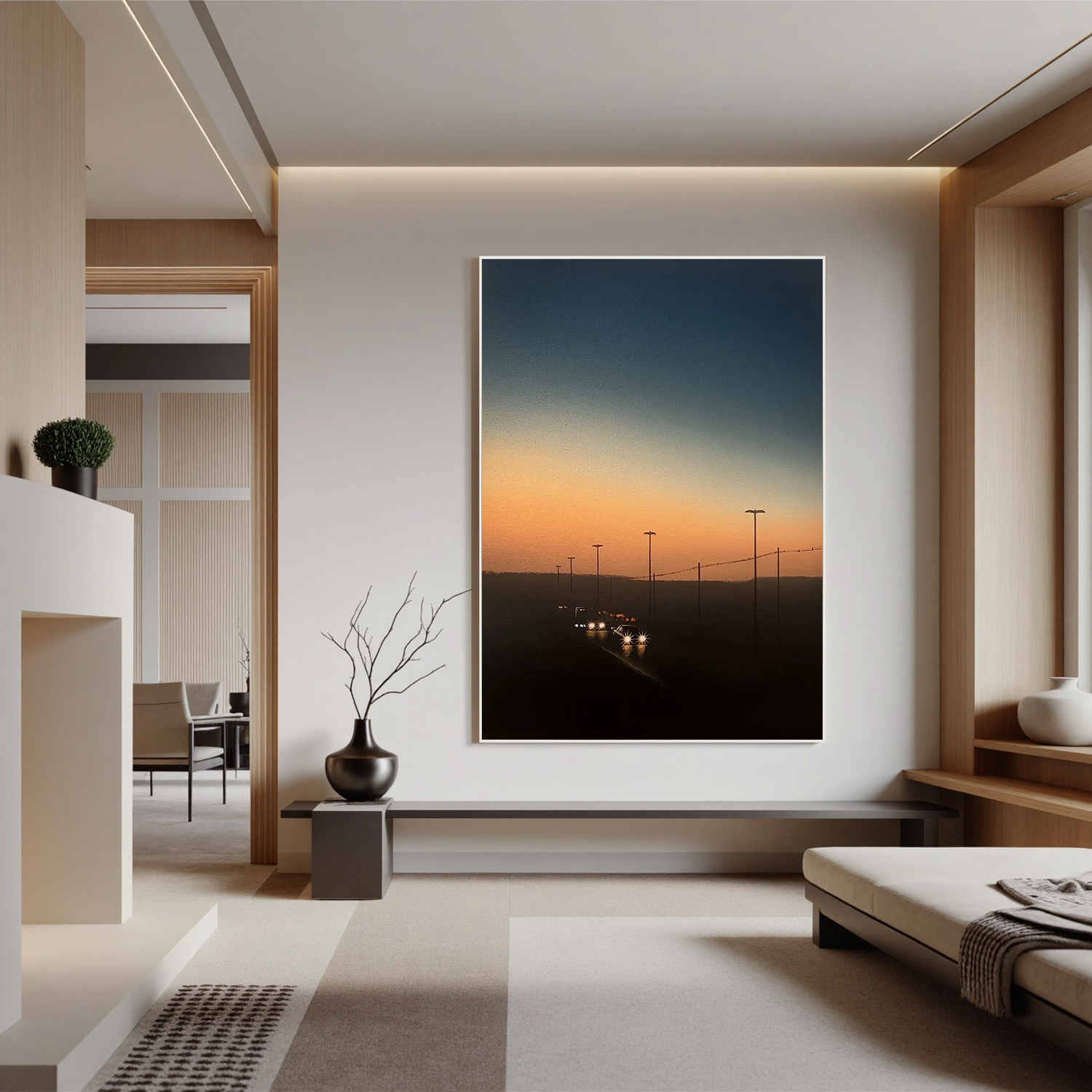 Sunset Highway Wall Art with Car Lights, Cinematic Dusk Road Landscape Canvas for Modern Living Room Decor #OA 0751