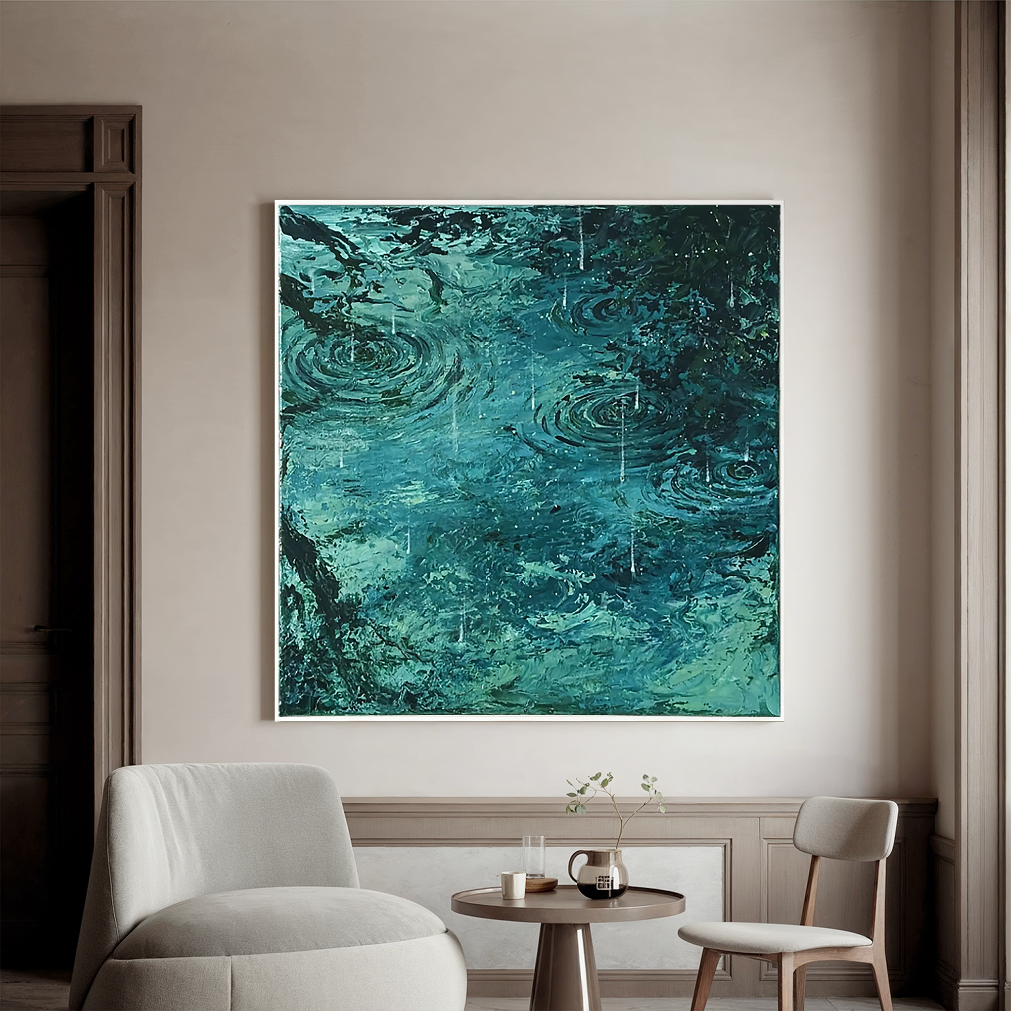 Teal Rain Ripple Oil Painting, Abstract Water Wall Art for Living Room Decor#OA 0604