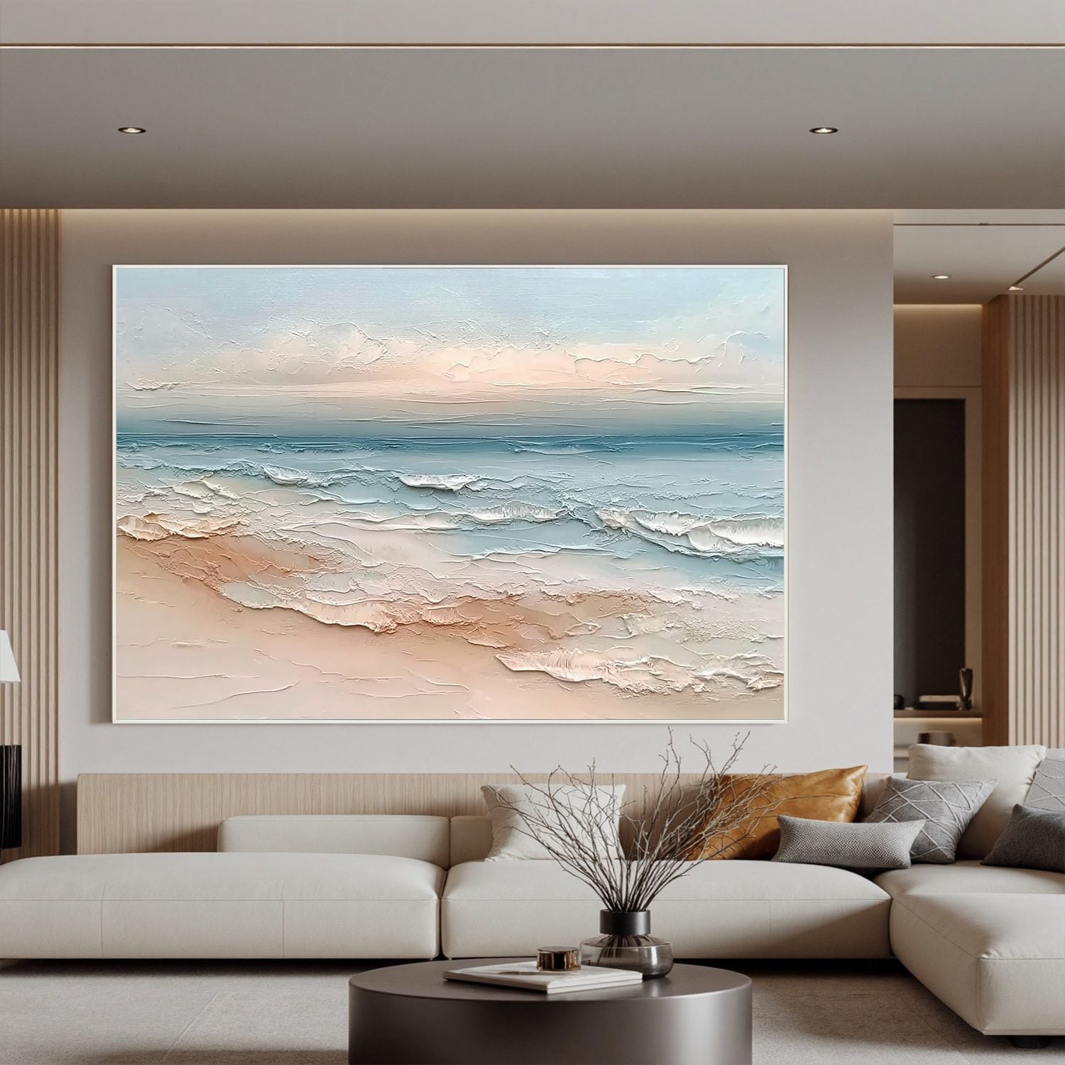 Soft Coastal Beach Oil Painting | Textured Ocean Wave Wall Art for Modern Coastal Living Room Decor #OA 0430