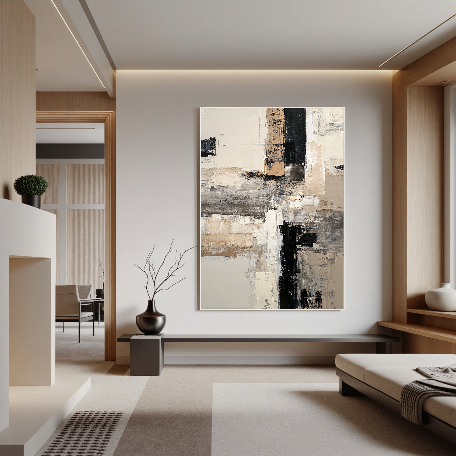 Neutral Abstract Canvas Wall Art – Black White Beige Modern Minimalist Painting for Living Room Decor#OA 0879
