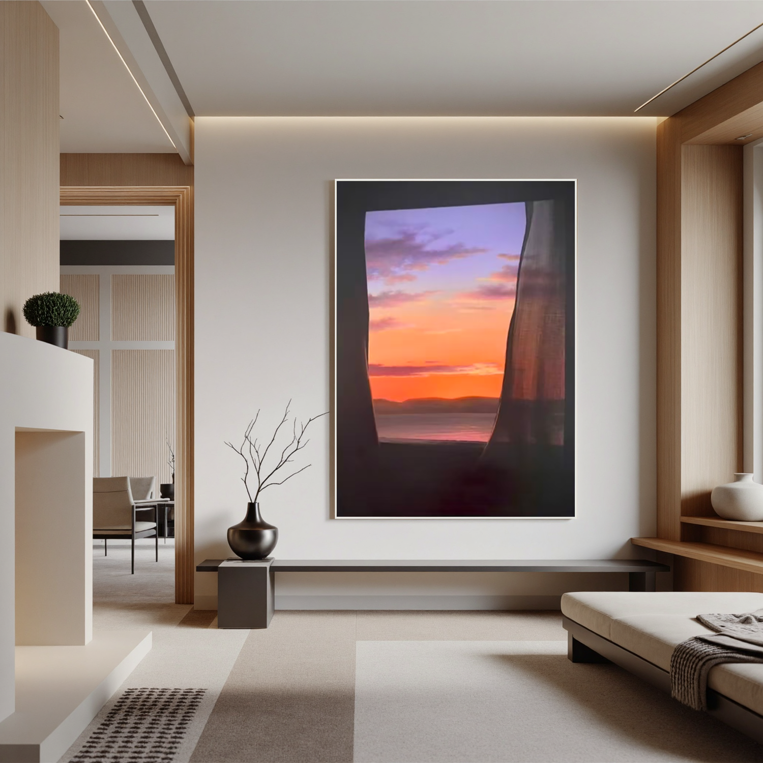 Sunset Ocean View Through Window Wall Art, Romantic Seascape Canvas Painting, Serene Coastal Landscape Decor for Living Room #OA 0784