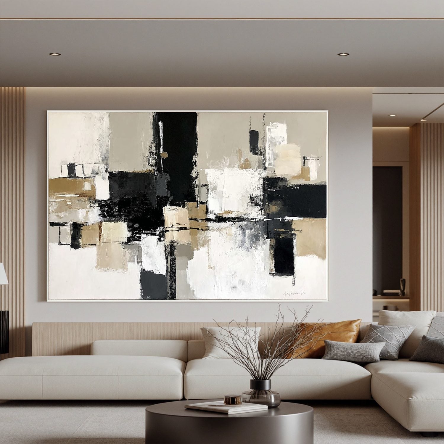 Modern Abstract Black and Beige Oil Painting | Large Neutral Wall Art for Living Room #OA 0008