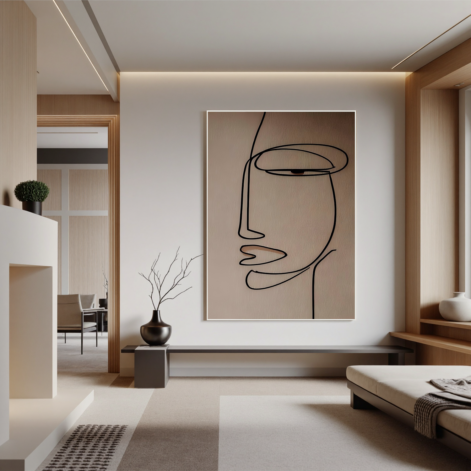 Minimalist Line Art Face Canvas Wall Art – Abstract Portrait in Neutral Beige for Modern Home Decor#OA 0871