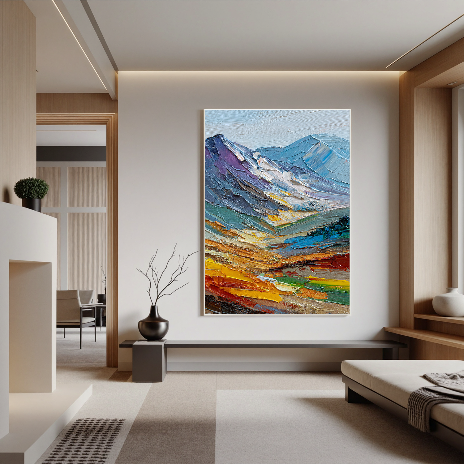 Textured Mountain Landscape Oil Painting – Impasto Abstract Canvas Wall Art for Modern Home Decor#OA 0886