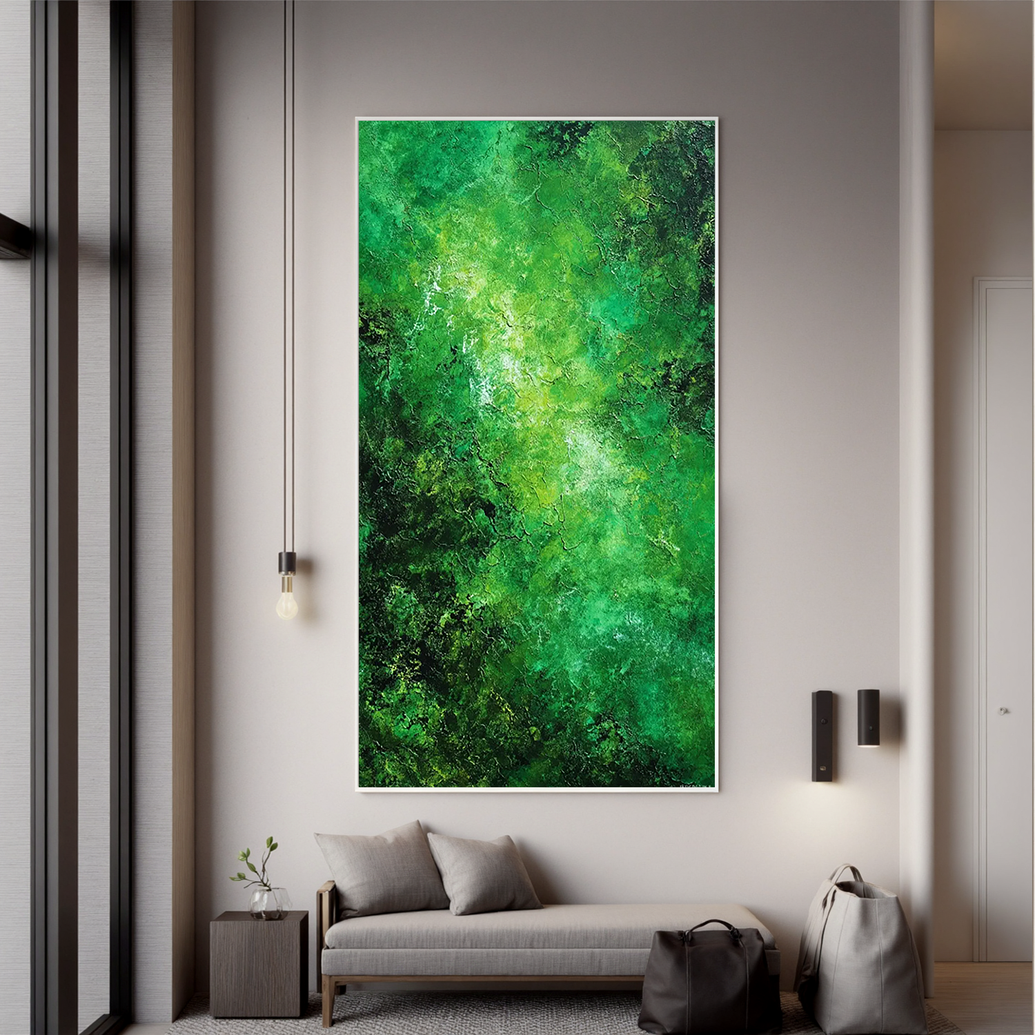 Green Abstract Oil Painting, Textured Forest Wall Art for Living Room Decor#OA 0602