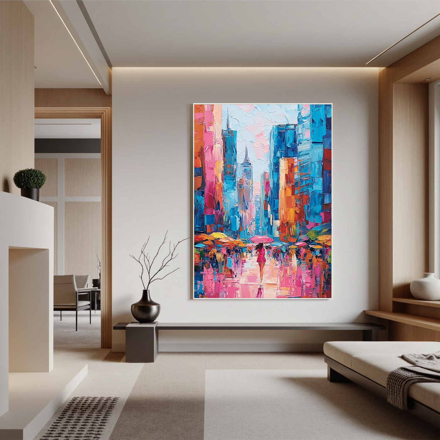 Colorful Abstract Cityscape Oil Painting, Pink and Blue Urban Wall Art for Living Room Decor#OA 0524