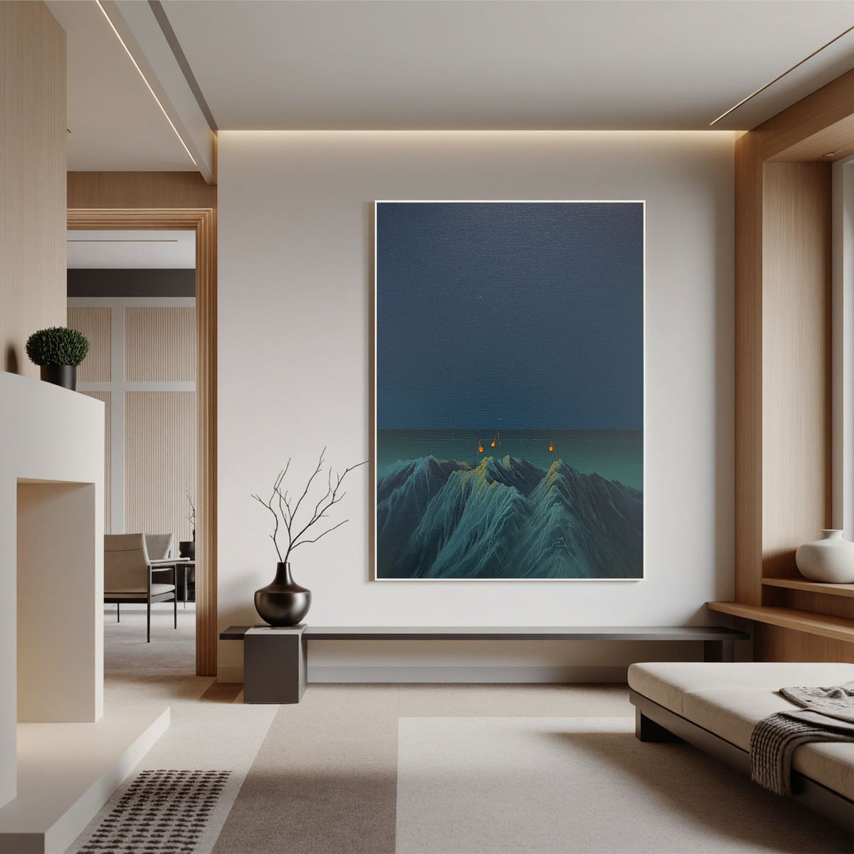Surreal Mountain Night Wall Art with Hanging Lanterns, Minimalist Blue Landscape Canvas for Living Room Decor #OA 0746