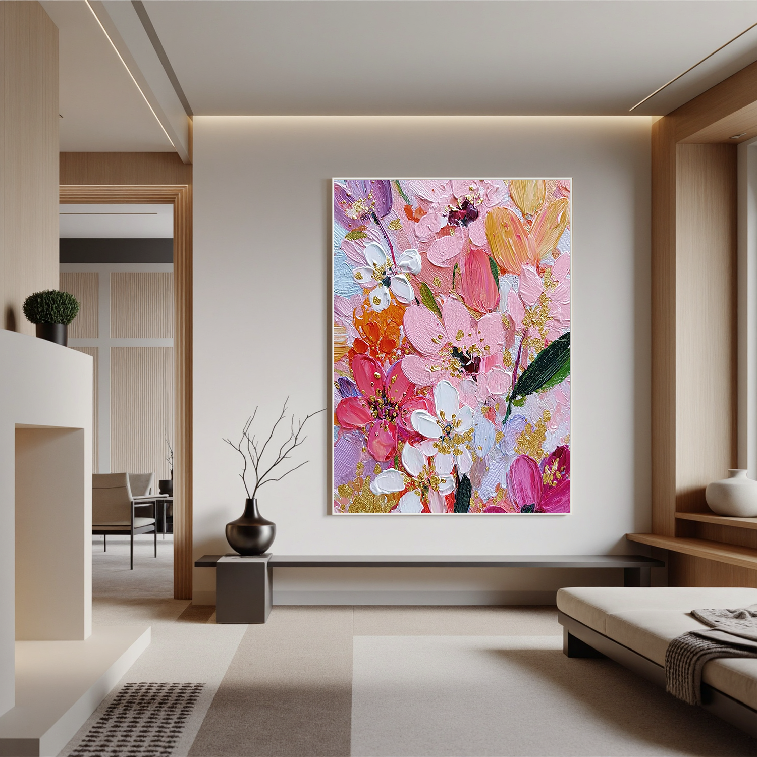 Pink Floral Oil Painting, Textured Flower Wall Art with Gold Accents for Living Room Decor#OA 0579