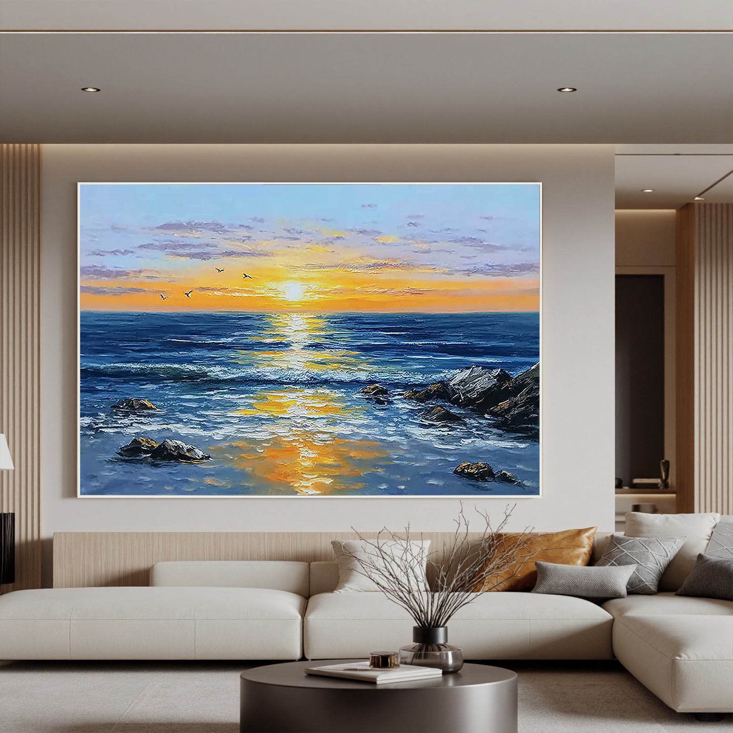 Ocean Sunset Wall Art, Blue Seascape Canvas Painting with Golden Reflection for Living Room Décor #OA 0404