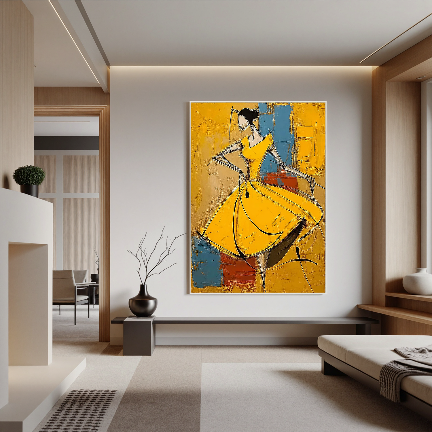 Yellow Dress Abstract Figure Oil Painting, Modern Woman Wall Art for Living Room Decor#OA 0529