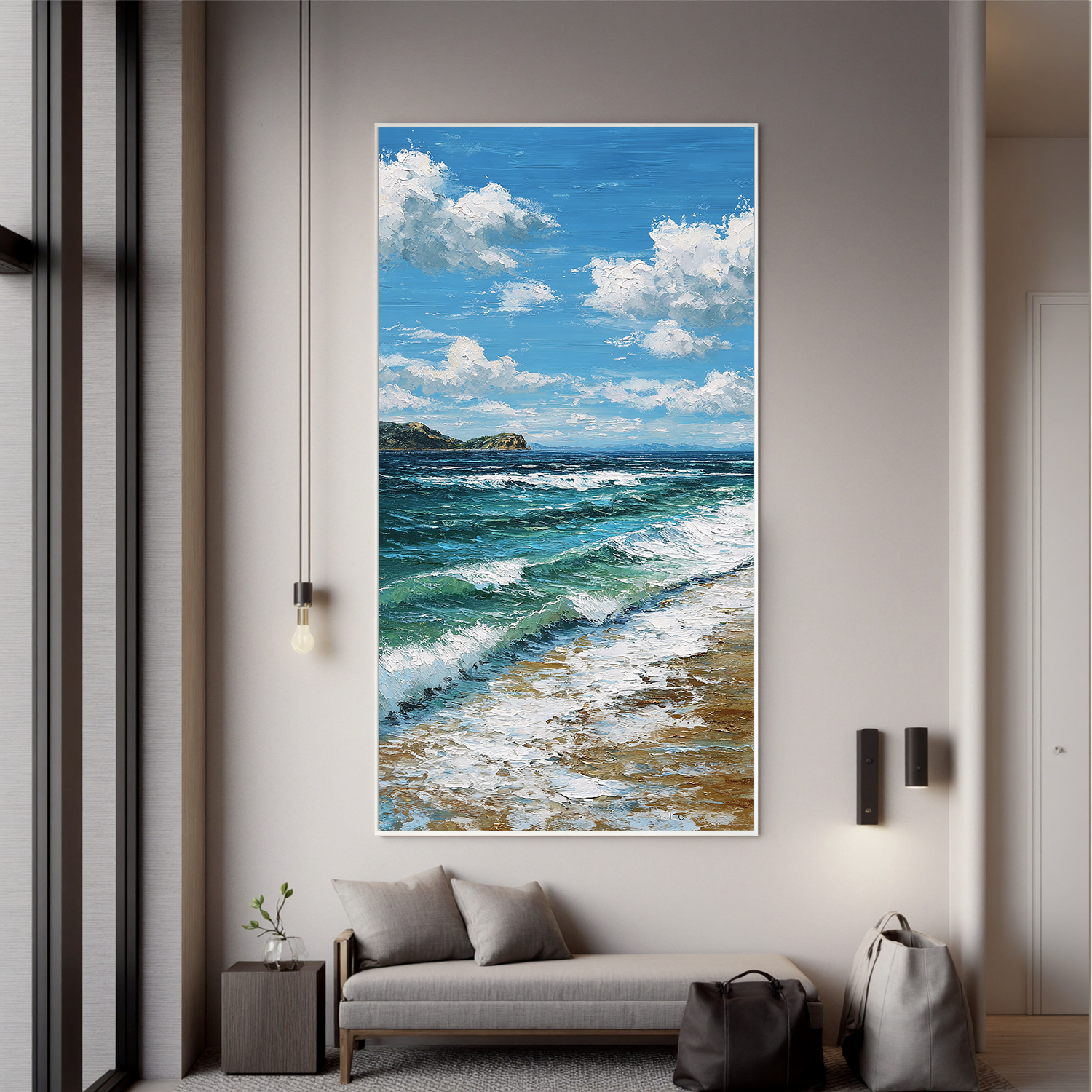 Vertical Coastal Ocean Wall Art – Blue Sea Waves and Sky Canvas Painting for Modern Home Decor#OA 0833