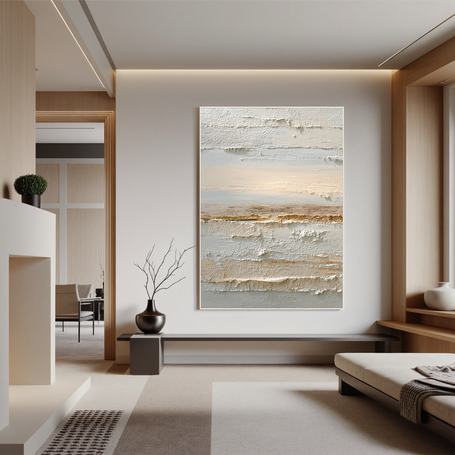 Neutral Abstract Landscape Canvas Wall Art – Textured Cream and Beige Painting for Minimalist Living Room Decor#OA 0857