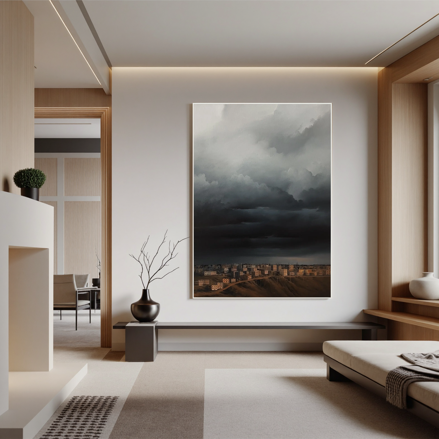 Dramatic Storm Clouds Over City Wall Art, Moody Urban Landscape Canvas Painting for Living Room Decor #OA 0760