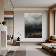 Dramatic Storm Clouds Over City Wall Art, Moody Urban Landscape Canvas Painting for Living Room Decor #OA 0760