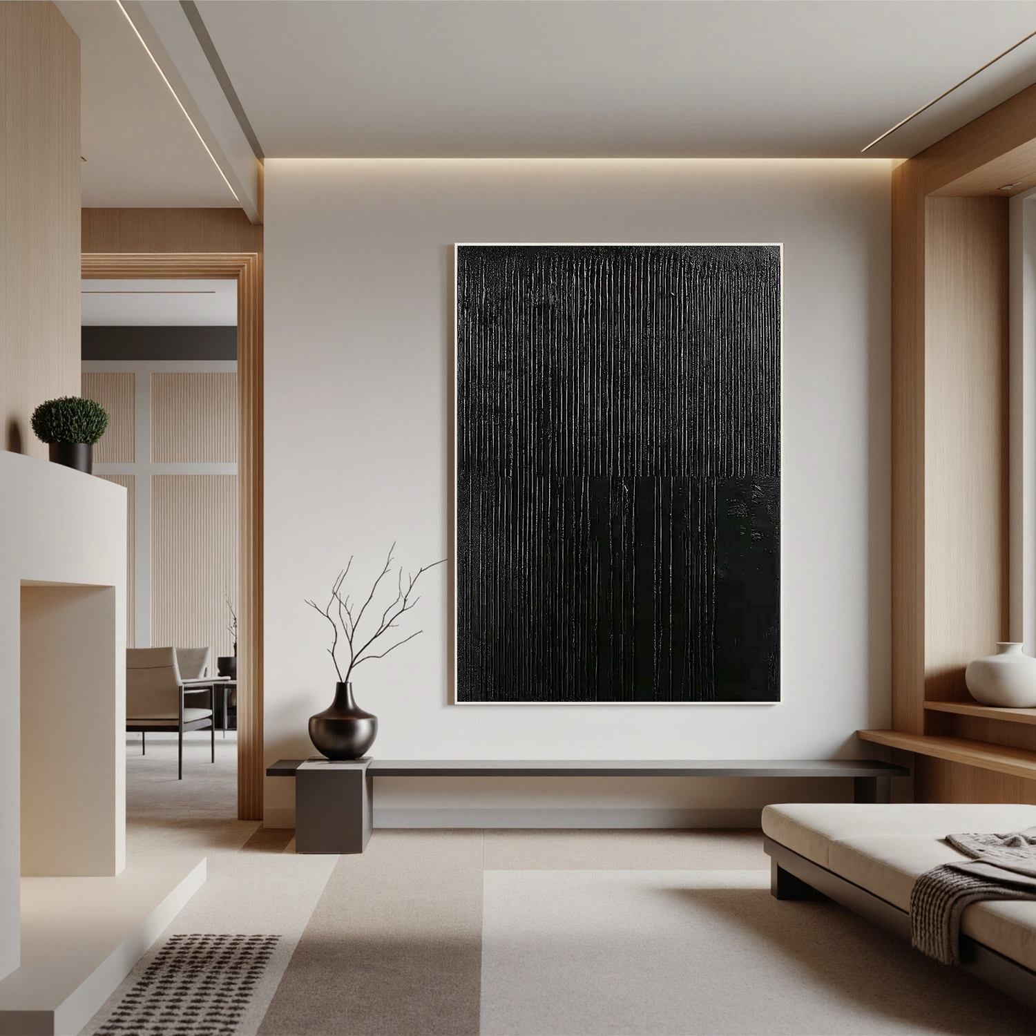 Black Textured Abstract Wall Art, Minimal Vertical Line Canvas Painting for Modern Living Room Décor #OA 0010