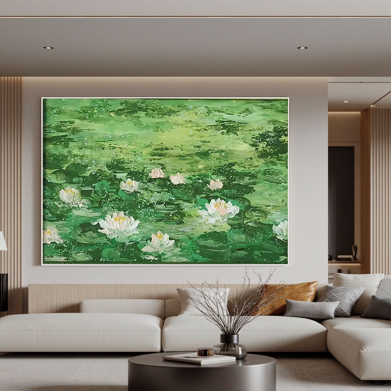 Green Lotus Pond Oil Painting, White Water Lily Wall Art for Living Room Decor#OA 0605