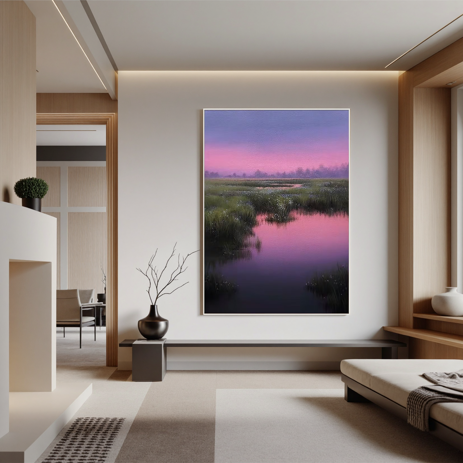 Pink and Purple Sunset Wetland Wall Art, Serene Marsh Landscape Canvas Painting for Living Room Decor #OA 0731