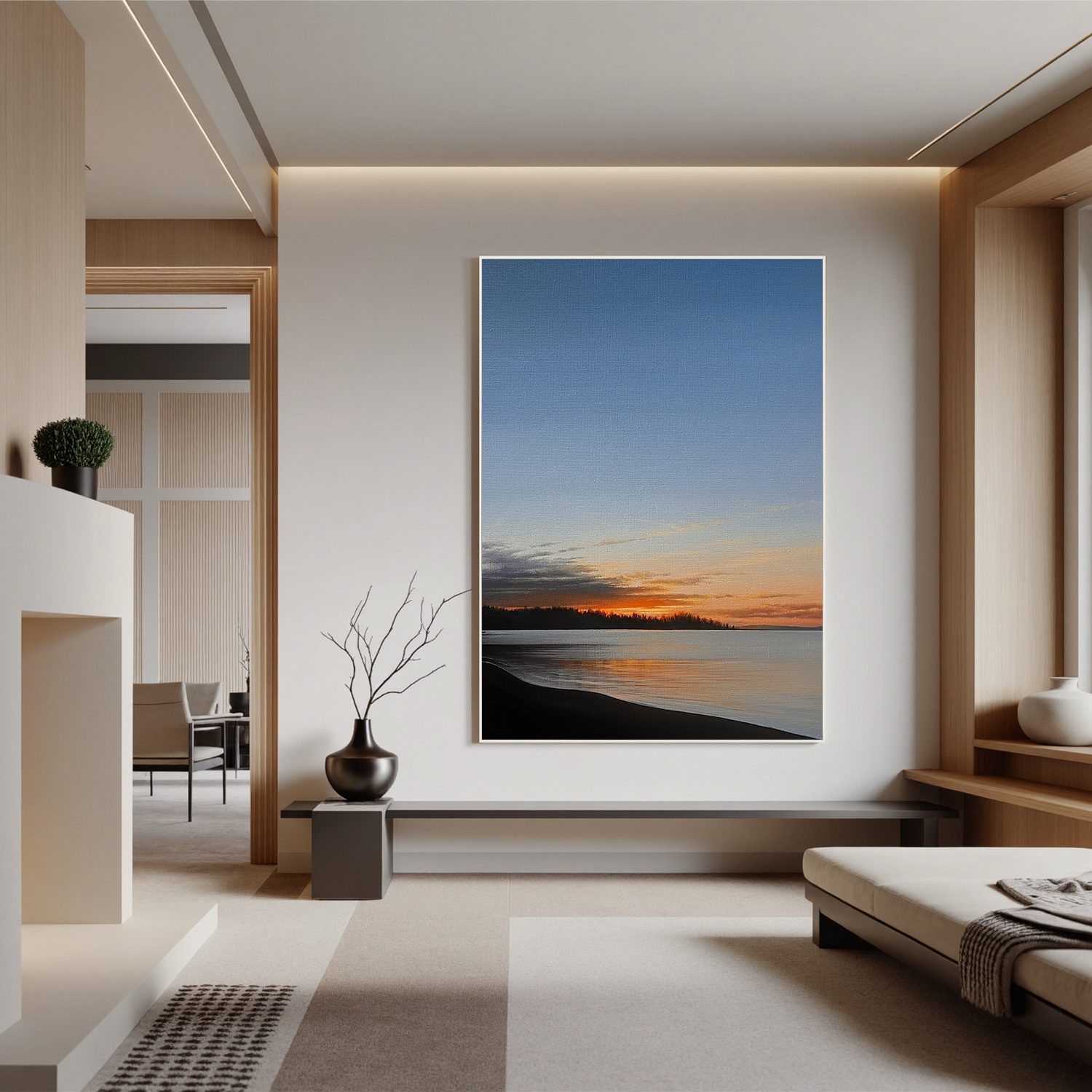 Serene Sunset Lake Wall Art, Peaceful Coastal Landscape Canvas with Golden Sky for Living Room Decor #OA 0753