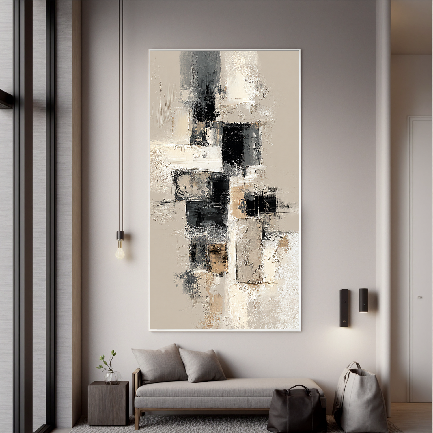 Vertical Black and White Abstract Canvas Wall Art – Textured Neutral Minimalist Painting for Modern Home Decor#OA 0877