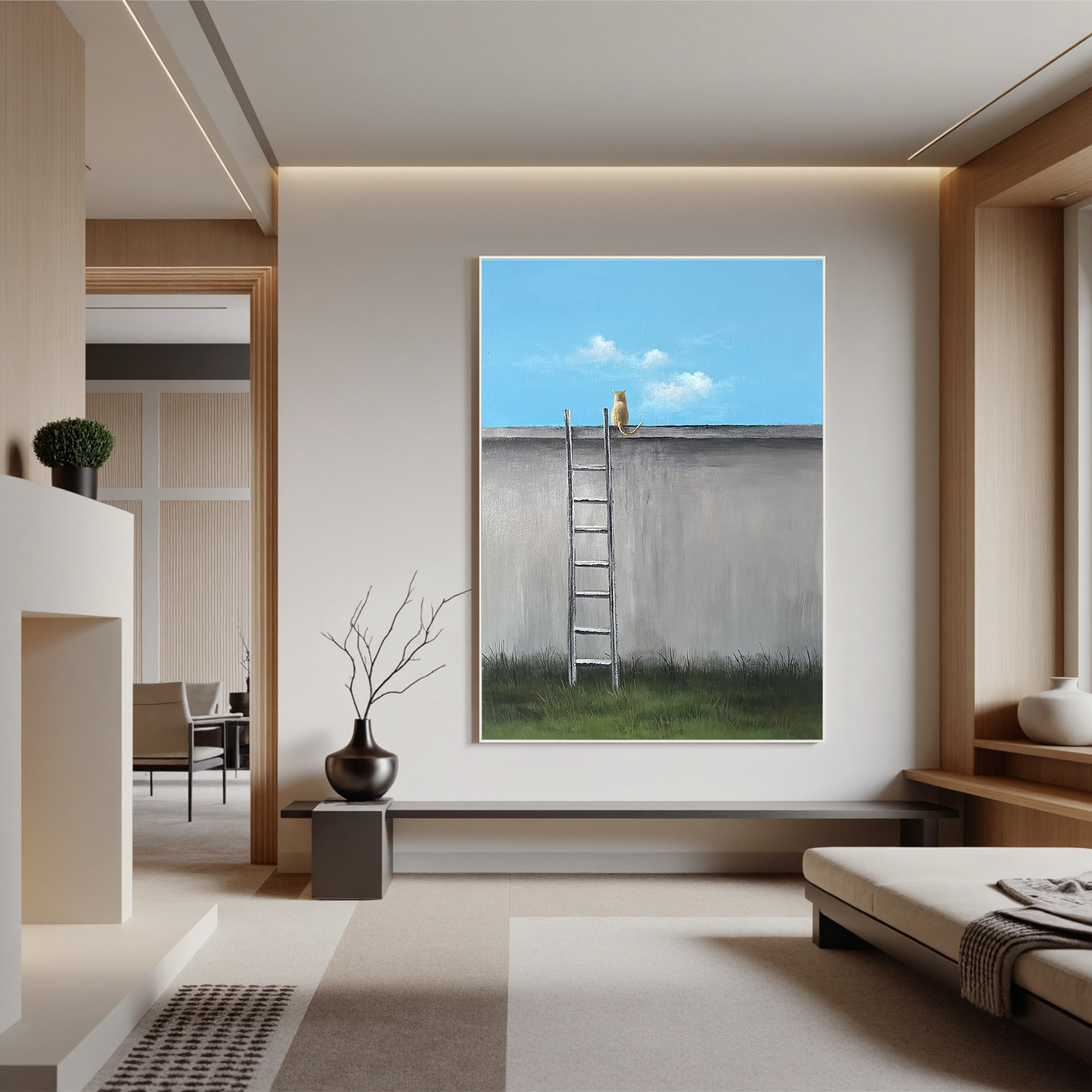 Minimalist Cat on Wall with Ladder Wall Art, Nordic Style Animal Canvas Painting for Living Room Decor #OA 0778