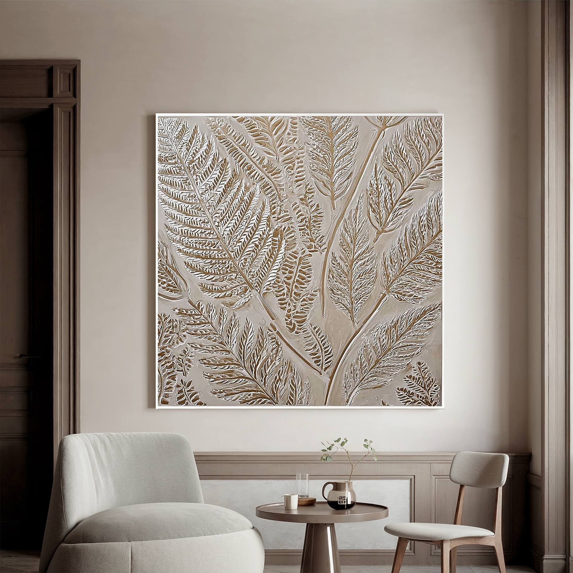 Neutral Botanical Textured Wall Art – Hand Painted Beige Fern Canvas Painting for Modern Minimalist Living Room Decor #OA 0433