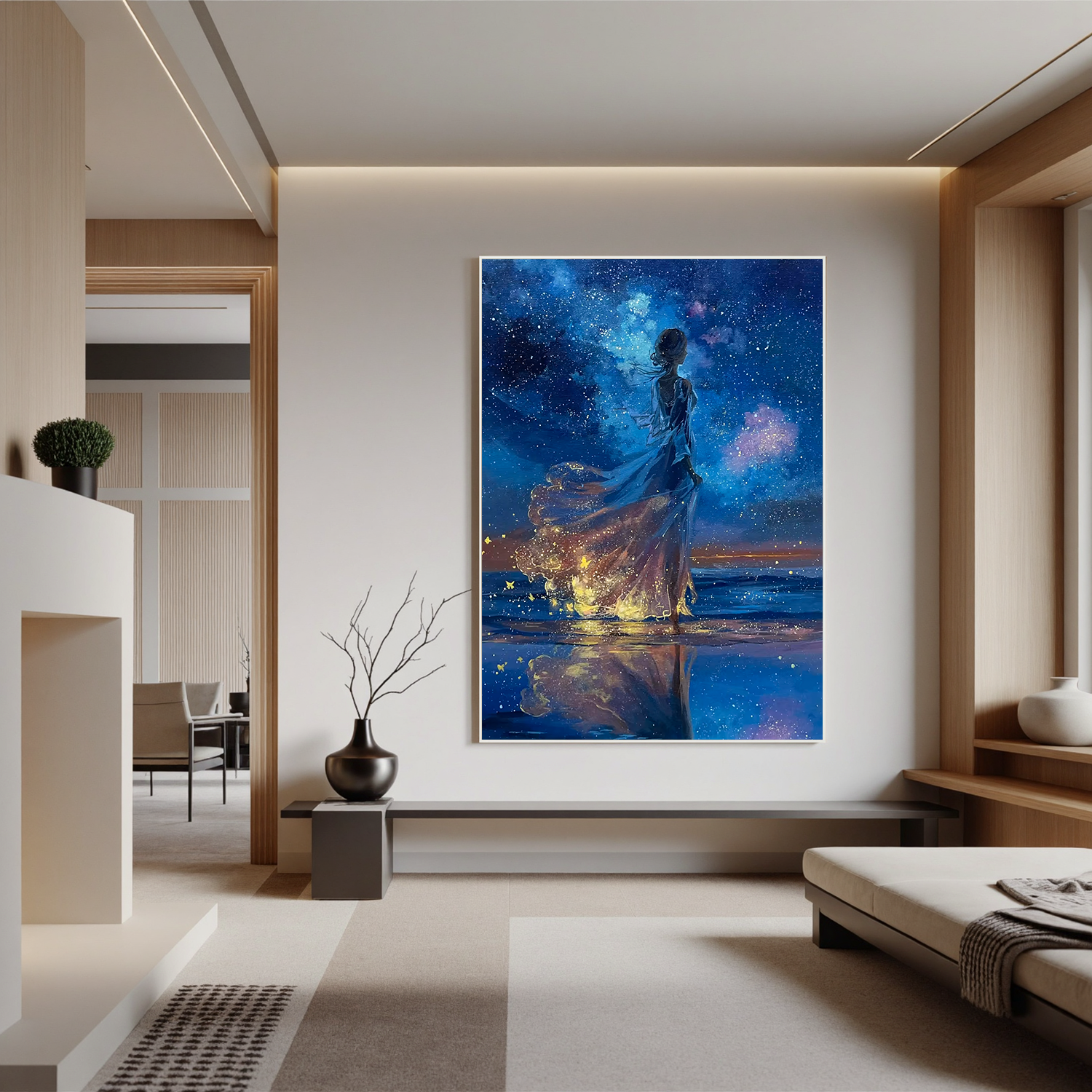 Girl Under Starry Sky Oil Painting, Dreamy Ocean Night Wall Art for Bedroom Decor#OA 0621