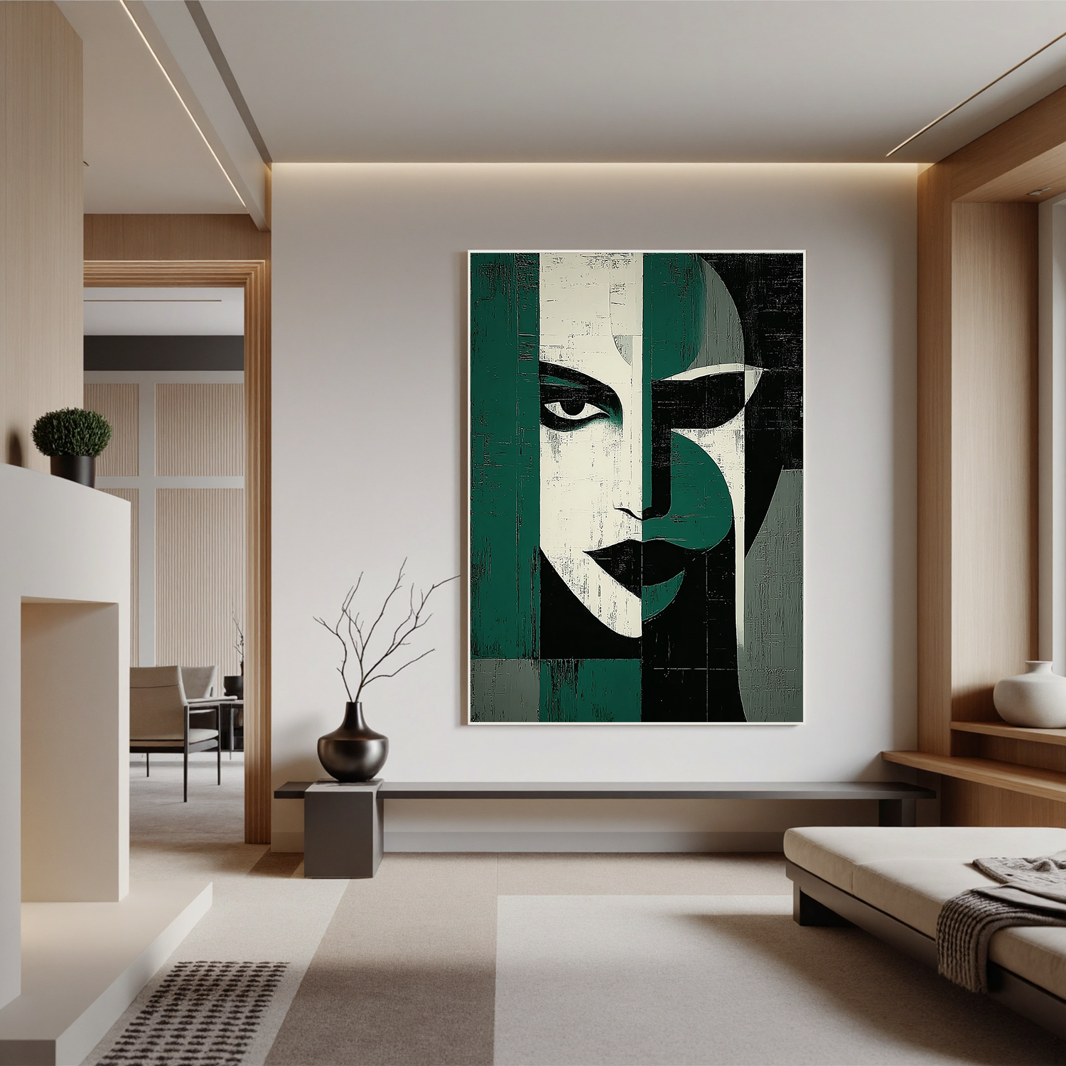 Geometric Female Portrait Oil Painting, Modern Abstract Face Wall Art for Living Room Decor#OA 0589