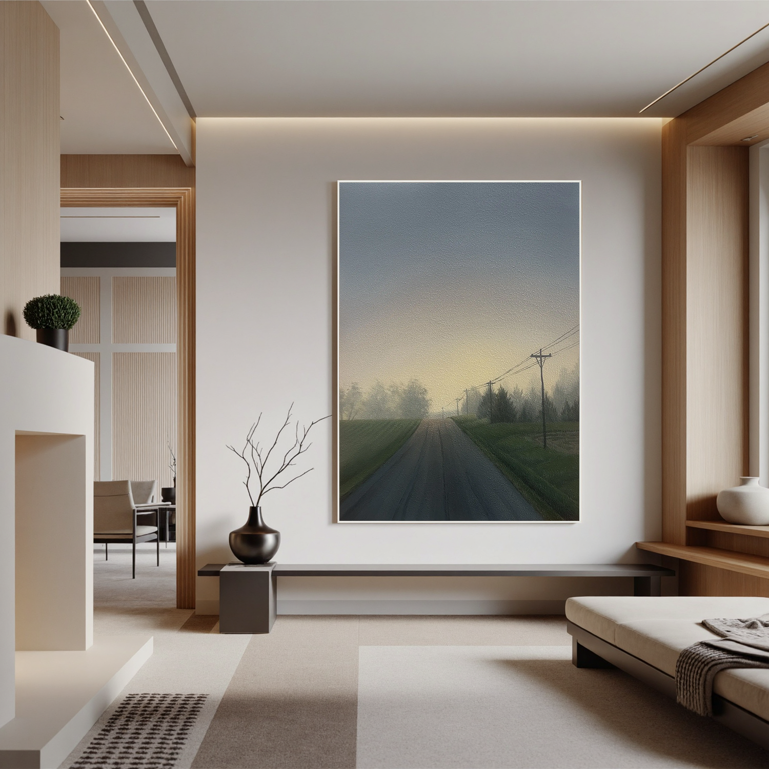 Misty Country Road Landscape Wall Art, Foggy Morning Rural Canvas Painting for Living Room Decor #OA 0759