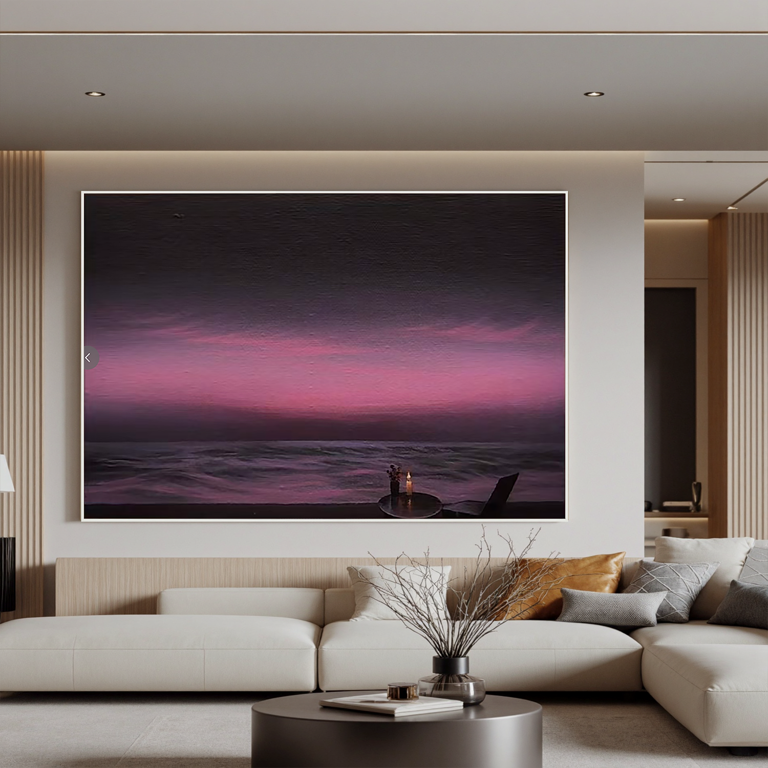 Romantic Purple Sunset Seascape Wall Art, Candlelit Ocean View Canvas Painting for Living Room Decor #OA 0732