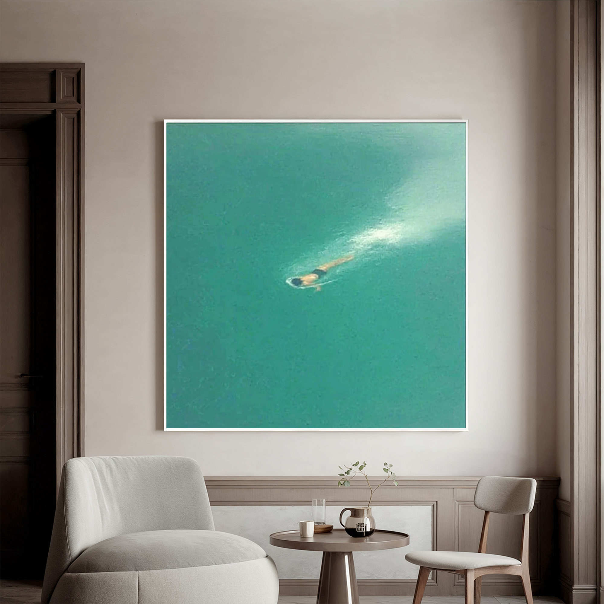 Minimalist Ocean Swimmer Wall Art – Turquoise Sea Canvas Painting for Coastal Bedroom Living Room Decor #OA 0451