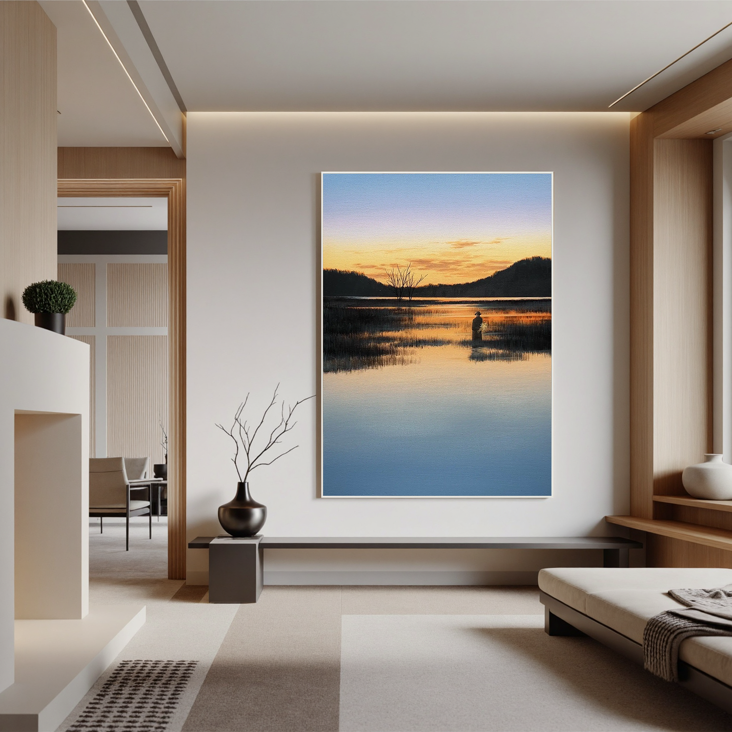 Serene Sunset Lake Wall Art with Solitary Figure, Peaceful Reflection Landscape Canvas for Living Room Decor #OA 0750