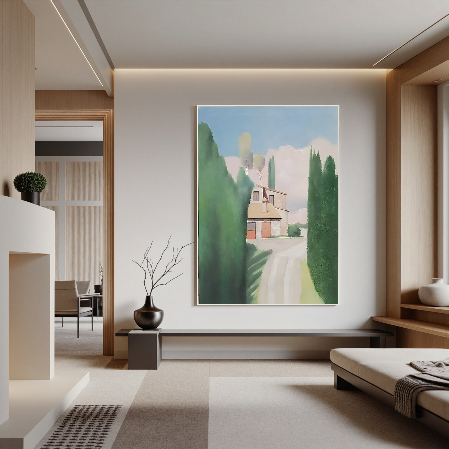 House Beyond the Trees-Peaceful Countryside House Landscape Wall Art