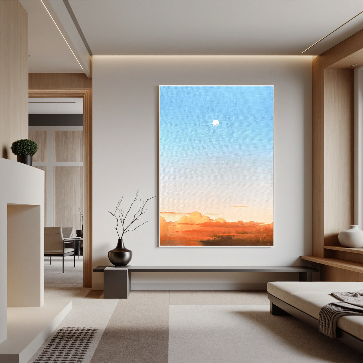 Minimalist Moon and Sunset Sky Wall Art, Serene Gradient Cloud Landscape Canvas Painting for Modern Living Room Decor #OA 0772