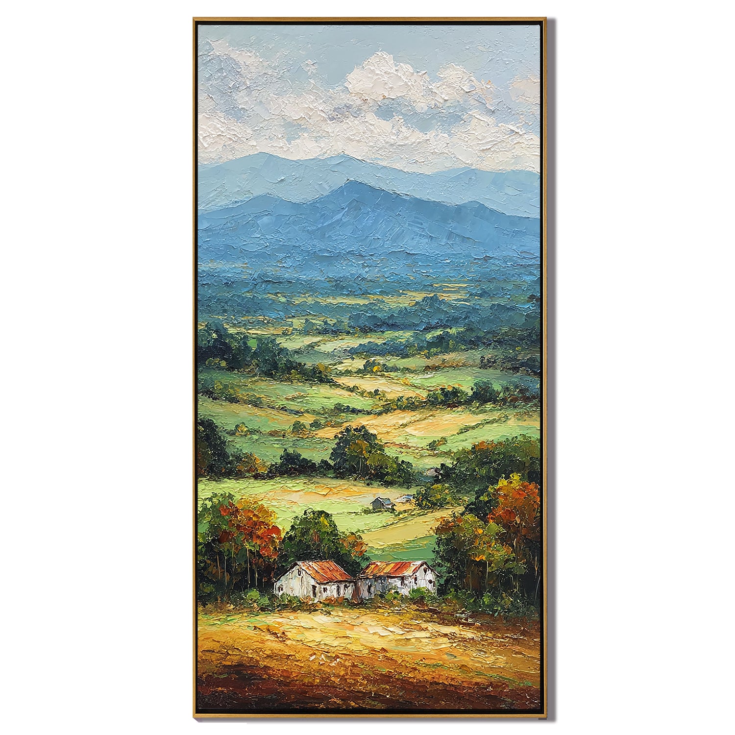 Vertical Countryside Landscape Oil Painting – Rustic Mountain Valley Canvas Wall Art#OA 0891