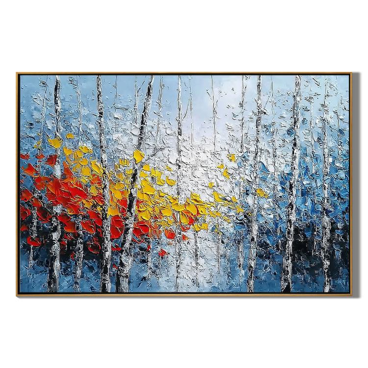 Blue Abstract Forest Wall Art, Colorful Textured Tree Canvas Painting for Living Room Décor #OA 0414