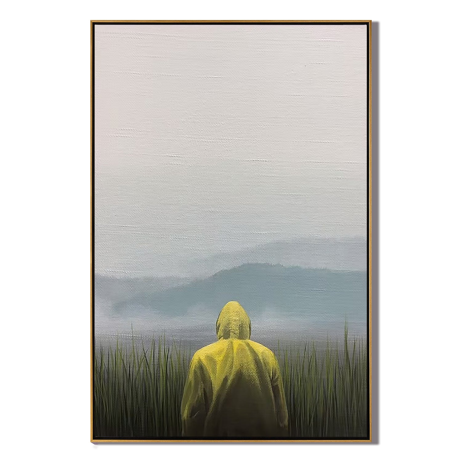 Misty Lake Landscape Wall Art with Yellow Raincoat Figure – Minimalist Nature Canvas for Living Room Decor #OA 0807