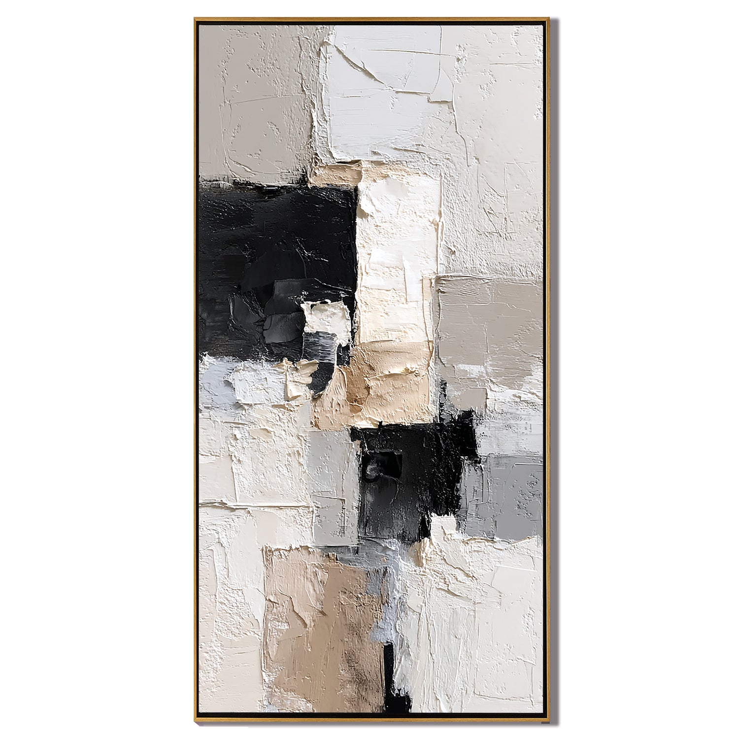Vertical Neutral Abstract Canvas Wall Art – Textured Black White Beige Minimalist Painting for Modern Home Decor#OA 0876