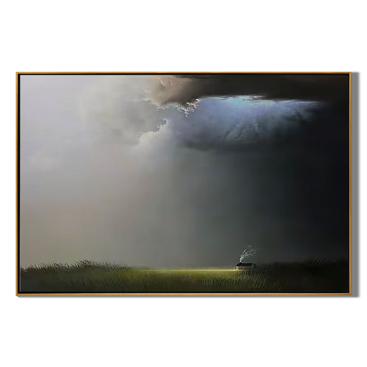 Dramatic Sky Landscape Wall Art, Moody Cloud and Light Canvas Painting with Solitary Cabin for Living Room Decor #OA 0726