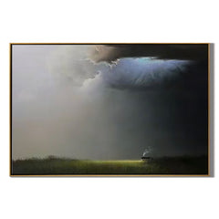 Dramatic Sky Landscape Wall Art, Moody Cloud and Light Canvas Painting with Solitary Cabin for Living Room Decor #OA 0726