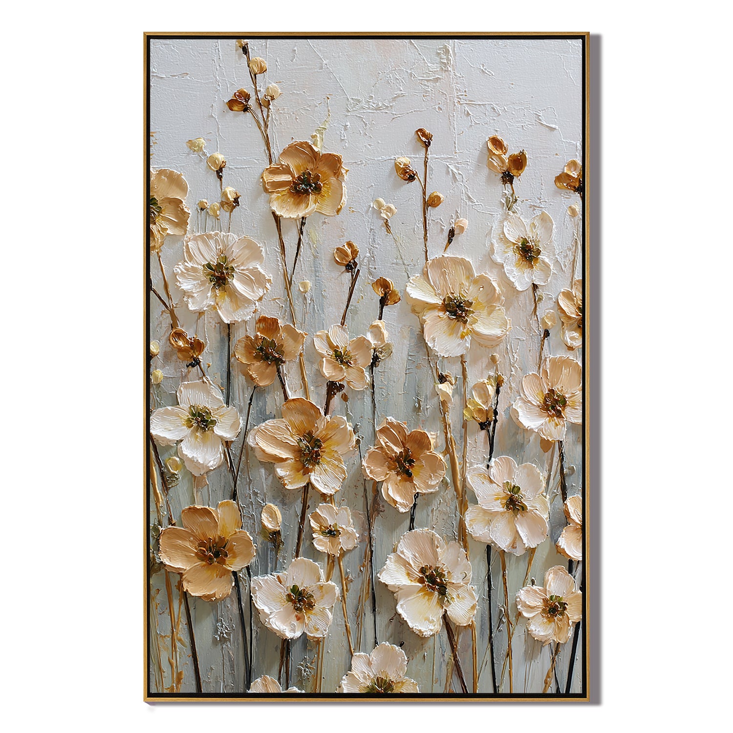 Vertical Floral Canvas Wall Art – Elegant Neutral Flower Painting for Bedroom & Modern Home Decor#OA 0846