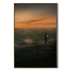 Solitary Figure at Sunset Wall Art, Serene Wetland Landscape Canvas Painting for Living Room Decor #OA 0729