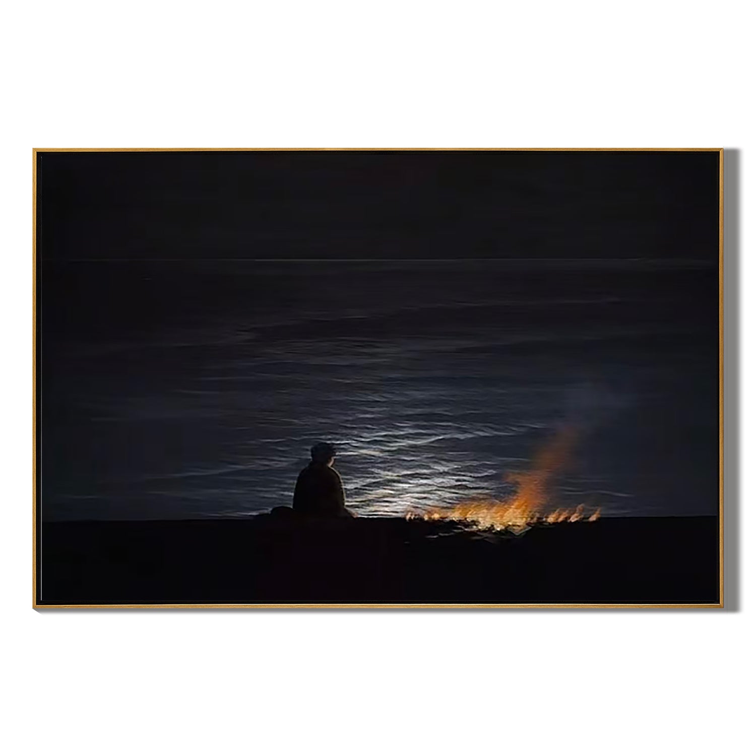 Moonlit Seascape Wall Art, Solitary Figure by Bonfire at Night Ocean Canvas Painting for Living Room Decor #OA 0730
