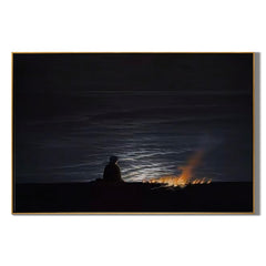 Moonlit Seascape Wall Art, Solitary Figure by Bonfire at Night Ocean Canvas Painting for Living Room Decor #OA 0730