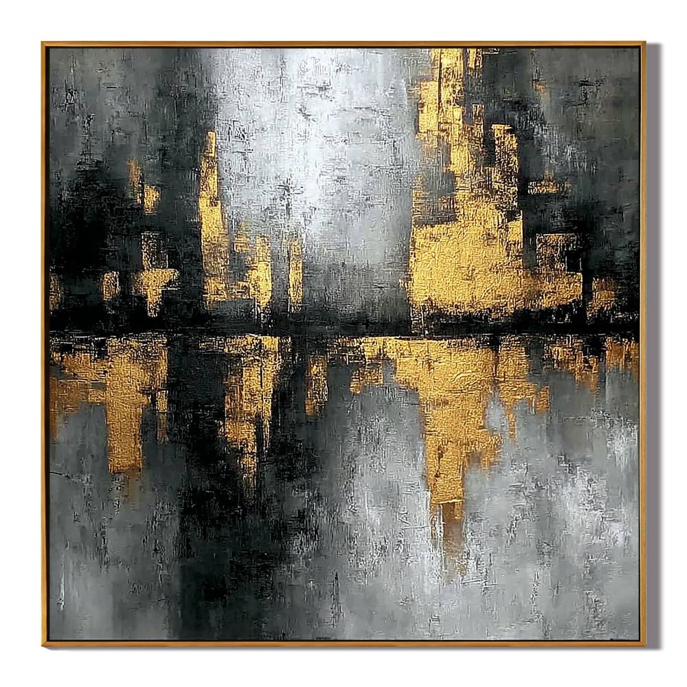 Black and Gold Abstract Cityscape Wall Art, Luxury Textured Canvas Painting for Modern Living Room Décor #OA 0410