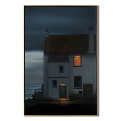 Coastal Cottage at Night Wall Art, Moody Seaside House with Warm Window Light Canvas for Living Room Decor #OA 0752