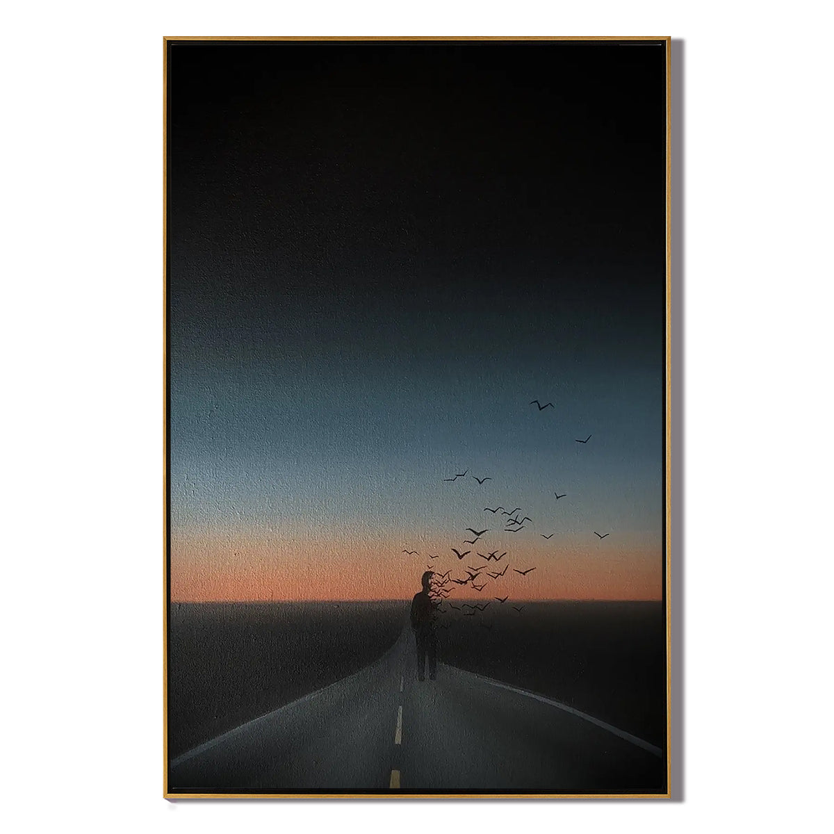 Surreal Lonely Road Wall Art with Flying Birds, Sunset Silhouette Landscape Canvas for Modern Living Room Decor #OA 0749