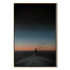 Surreal Lonely Road Wall Art with Flying Birds, Sunset Silhouette Landscape Canvas for Modern Living Room Decor #OA 0749