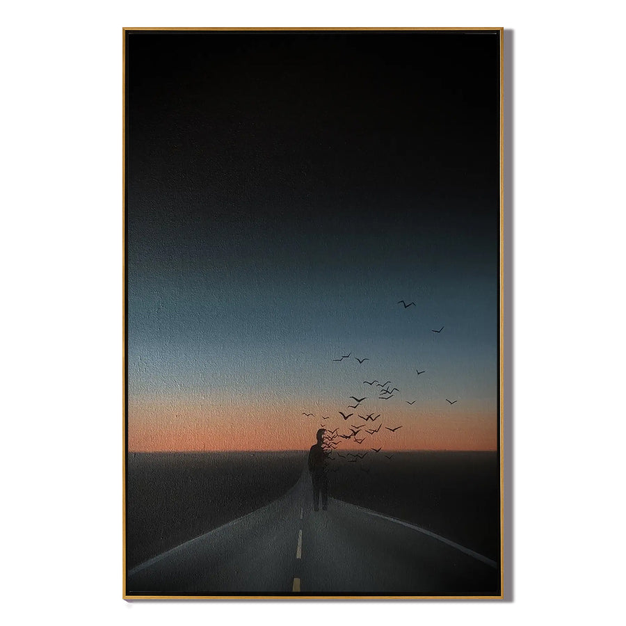 Surreal Lonely Road Wall Art with Flying Birds, Sunset Silhouette Landscape Canvas for Modern Living Room Decor #OA 0749